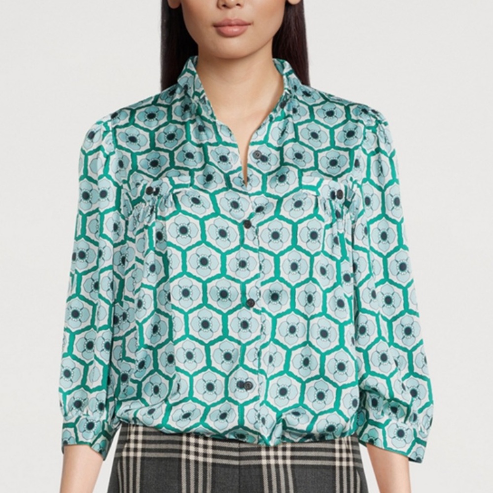 Smythe Teal and White Geometric Button Down Shirt, XS - Picture 5 of 10